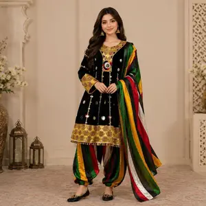 Premium Afghan Traditional Black Velvet Dress – Elegant Mirror Work & Vibrant Multi-Color Cultural Salwar Suit (3-Piece Set)