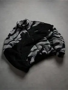 Men's Loose Tribal Pattern Fleece Jacket, Warm Thick Lamb Fur Coat, Camo Print, High Neck Full Zip Outerwear, Winter Street Style