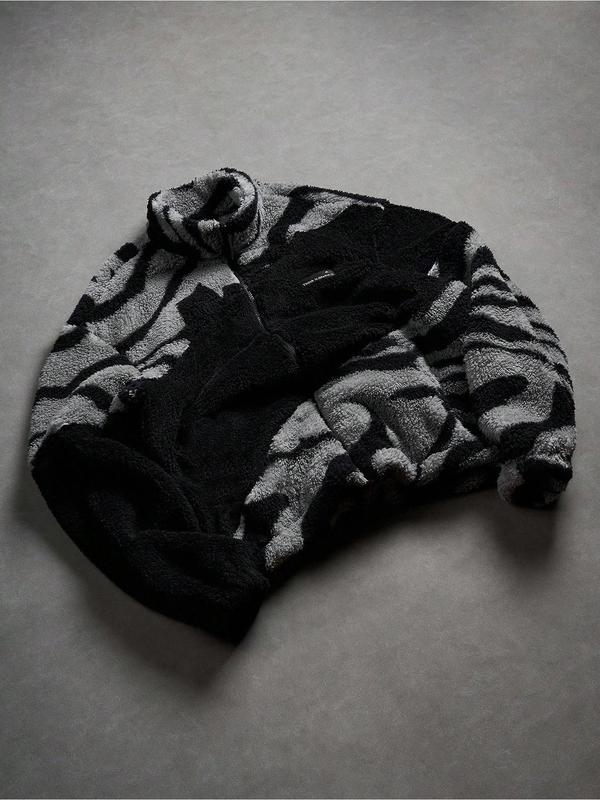 Men's Loose Tribal Pattern Fleece Jacket, Warm Thick Lamb Fur Coat, Camo Print, High Neck Full Zip Outerwear, Winter Street Style