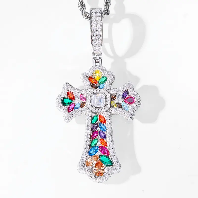 UCCIYO S925 Sterling Silver Synthetic Moissanite Sugar Colored Cross Pendant Necklace P716, Adult Male Jewelry for Engagement, Anniversary, Wedding Gift【#P716】