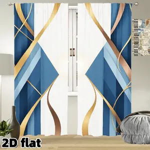 2D Flat 2Pcs Modern Geometric Curtains Navy Blue Gold Lines Design Rod Pocket Panel Semi Sunshade Polyester Elegant Luxury Wave Pattern Suitable for Living Room Bedroom Kitchen Window Treatment Privacy Protection