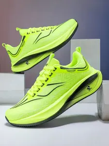 Women's Fluorescent Green High-Appearance Cushioned Sneakers, Athletic Running Shoes, Full-Length Boost, Anti-Slip & Wear-Resistant, Breathable Mesh, Versatile Running Shoes, Sporty Running Shoes