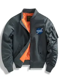 Men's Nasa Print Pilot Jacket, Colorblock Satin Lining Workwear Coat, Vintage Casual Baseball Collar Trendy Top for Daily Wear and Outdoor Sports