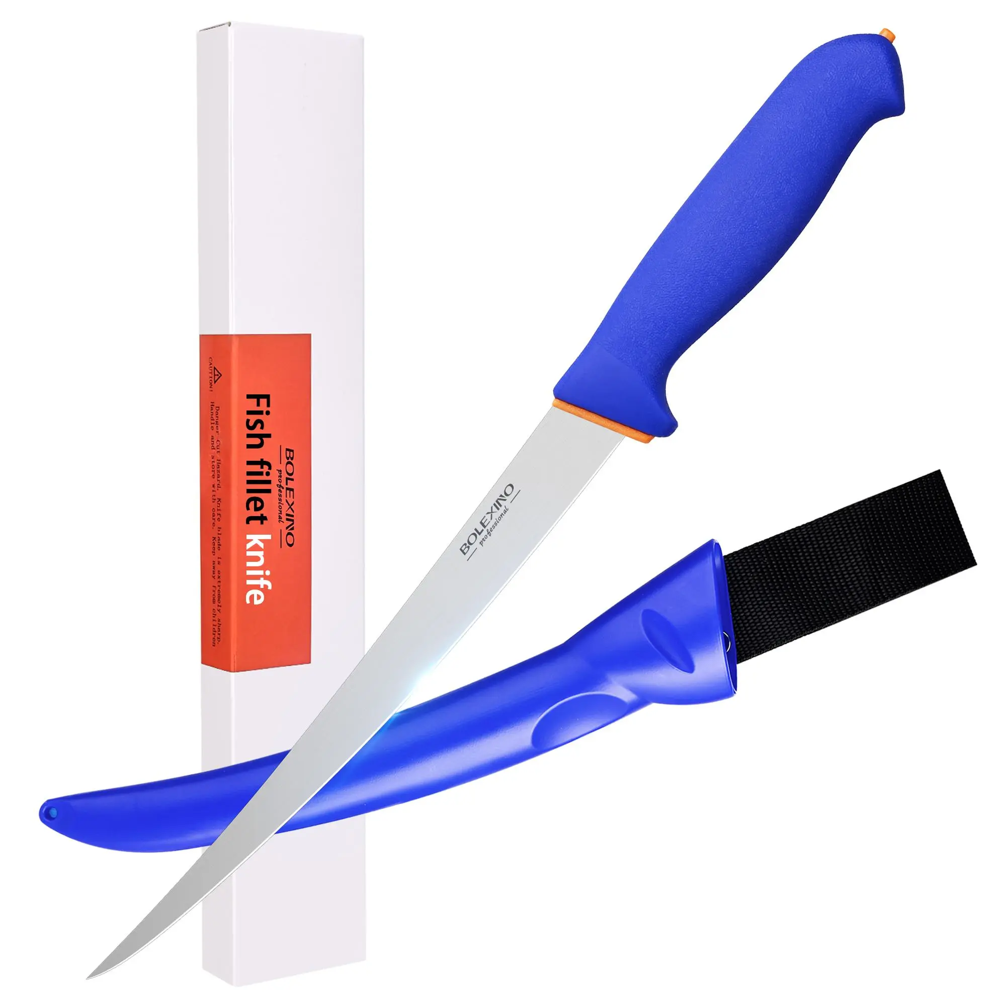 BOLEXINO 9 inches Fish Fillet Knife, High Carbon Stainless Steel Curved Flexible Blade, Non-Slip Softgrip Handle, Included Sheath, Kitchen & Outdoor Knives