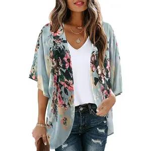 Women'S Floral Print Puff Sleeve Kimono Cardigan Loose Cover up Casual Blouse Tops CHICGAL