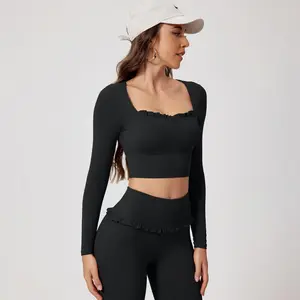 Women’s All-in-One Workout Top with Built-in Bra |   Square Neck Long-Sleeve, Moisture-Wicking |   Available in Multiple Colors for Yoga & Running Fitness Outfit Gym Sweatwear