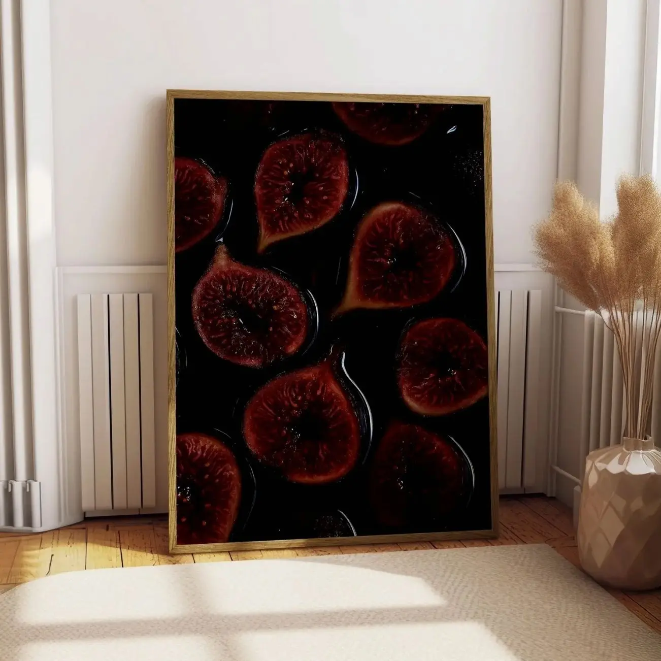 Fig Wall Art Print, Moody Fruit Photography, Deep Red Black Kitchen Decor B