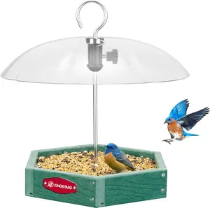 Kingsyard Large Platform Bird Feeder Outdoor Hanging Adjustable Dome Squirrel Proof Rain Cover Metal Mesh Tray Recycled Plastic Wild Bird Seed Feeding Station Green 11" Hexagon Tray 2" Deep Rim 2.5 lb Seed Capacity
