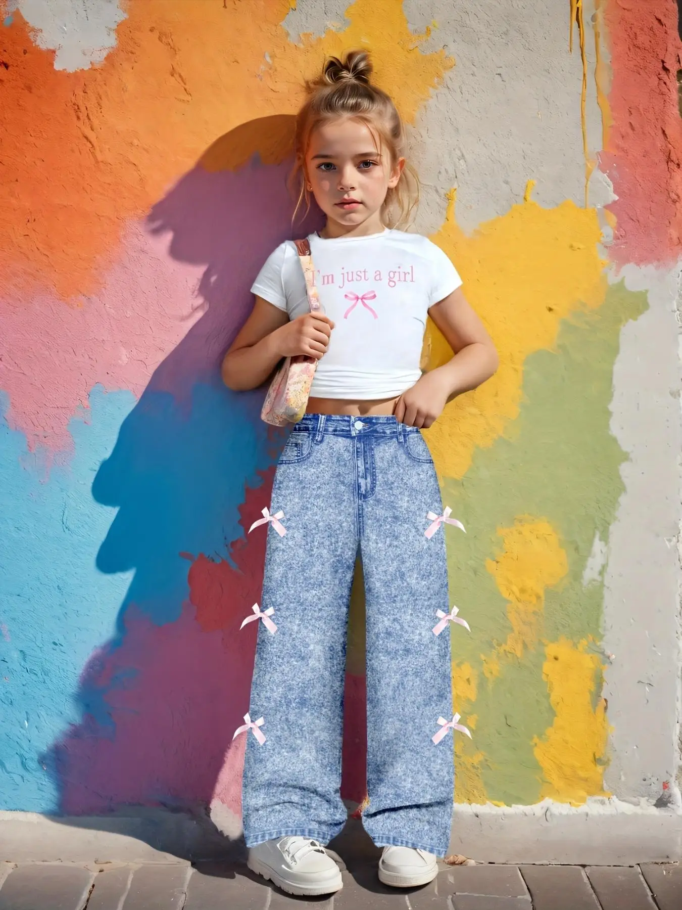 Two-Piece Set Girl's Letter Bow Print Tee & Bow Decor Denim-Effect Print Pants Set, Casual Short Sleeve Round Neck T-Shirt & Denim-Effect Print Trouse