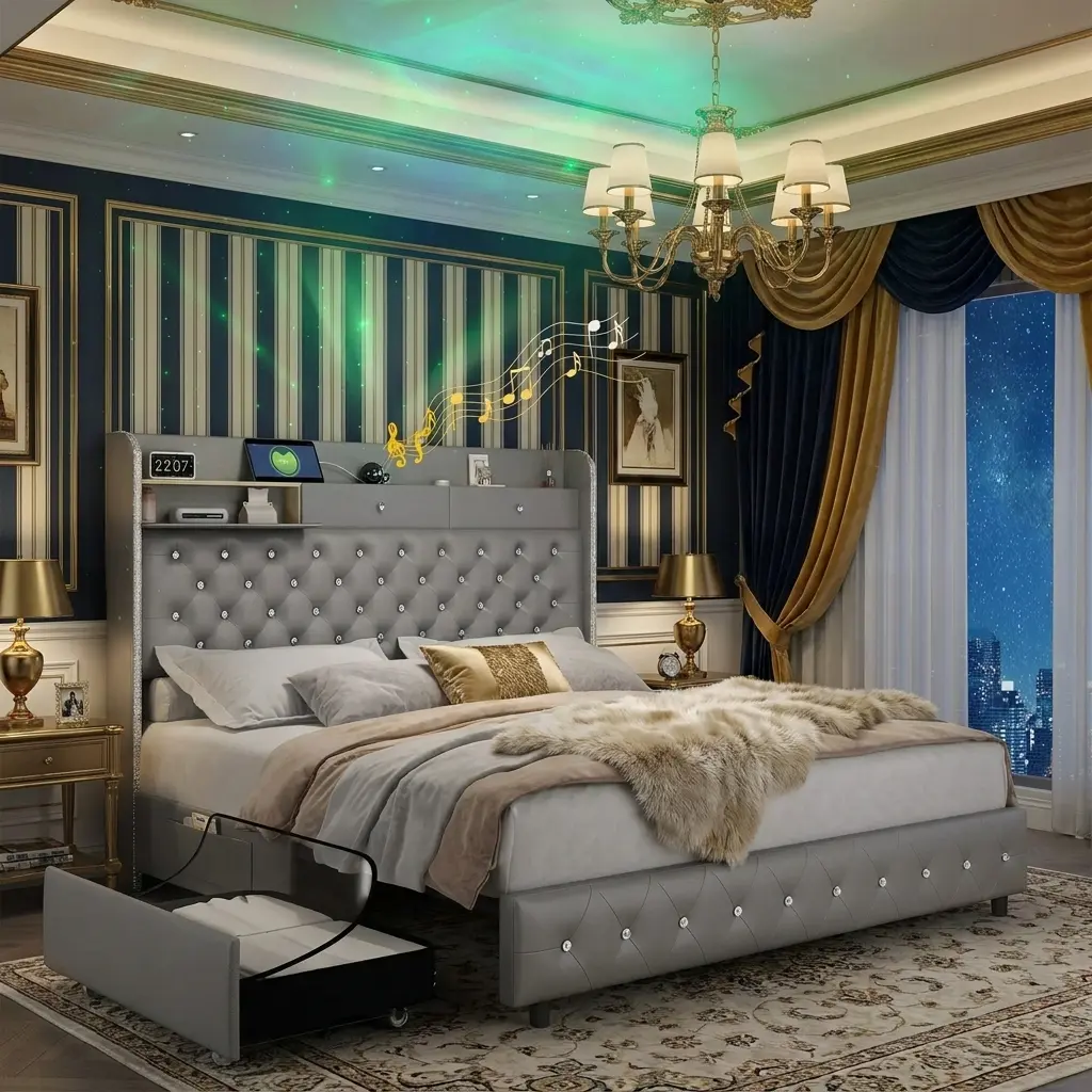 Queen LED Bed Frame with Optional Mattress, Galaxy Aurora Star Projector & Charging Station, 52" Upholstered Wingback Headboard with Hidden Storage, Sturdy Noise-Free Platform Bed, No Box Spring Needed, Velvet Grey tiktokshopbacktoschool