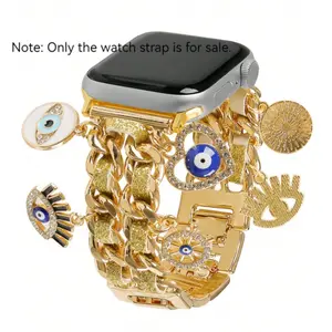 Fashion Metal Dual Chain Glitter Leather Smartwatch Strap with Devil Eye Pendant, Compatible with Apple Watch Series 1-9 Ultra Se, Smart Watch Straps, Smart Watch Accessories