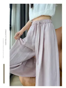 Women's Silk Linen Pants Spring Summer New Loose Fit Drape BF Casual Wide Leg Pants, Comfortable Ice Silk Knitwear