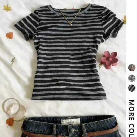 Women's Casual Fashion Vintage Style Short Striped Top, Street Y2K Comfort Slim-Fitting Top for Daily Wear, Streetwear, Casual Wear Clothing
