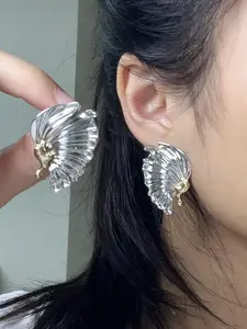 Two-Tone Metal Wing Statement Earrings, Minimalist Irregular Drop Studs, Hypoallergenic Unique Jewelry for Women