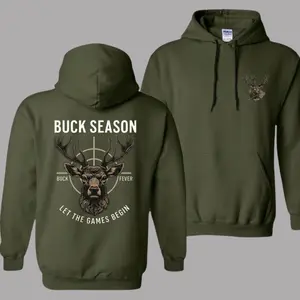 Buck Season Hunting Hoodie, Deer Fever Graphic Pullover for Men, Military Green Fleece Hoodie, Winter Hunting Hoodie, Camping Outdoorsman Gift