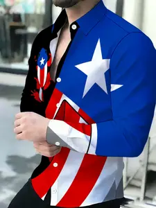Men's Breathable Puerto Rican Flag Coqui Frog Patchwork Collared Long Sleeve Cardigan Tops