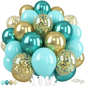 60-Piece Balloon Set with 12" Metallic Teal, Green, Gold, Blue, and Confetti Balloons for Birthday Parties, Baby Showers, Jungle Themes, and Weddings