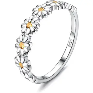 MILACOLATO 925 Sterling Silver Ring 18K Gold Plated Daisy Flower Ring Paved with Coloful Cubic Zirconia High Polished Comfort Fit Sunflower Stacking Statement Wedding Band Ring for Women