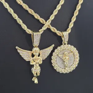 MaxBling81 14K Gold & Silver-Plated Cubic-Zirconia Baby Angel Pendant Necklace Set with 24" Rope Chain, Unisex Fashion Costume Jewelry for Men & Women