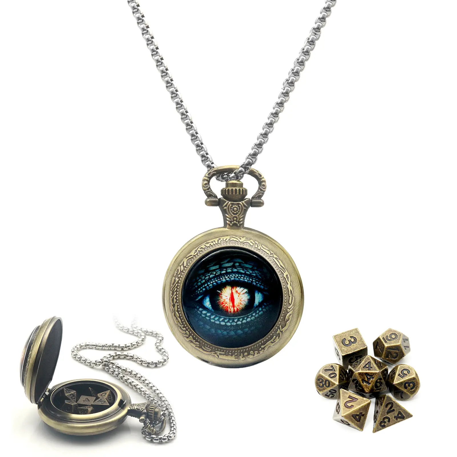 Haxtec DND Necklace Dragon Eye Pocket Watch Case Pendant Tiny D&D Accessories for Dungeons and Dragons TTRPG Gamer Gifts