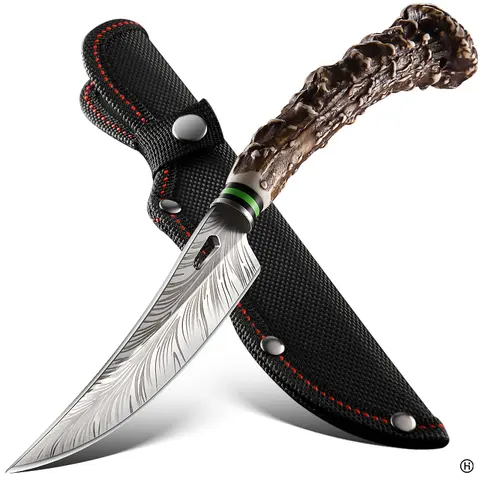 Forged Curved Meat Cleaver with Feather-Textured Stainless Steel Blade, Handle Knife with Sheath, Multipurpose Kitchen Sharp Tool, Kitchen Meatknife, Kitchenware