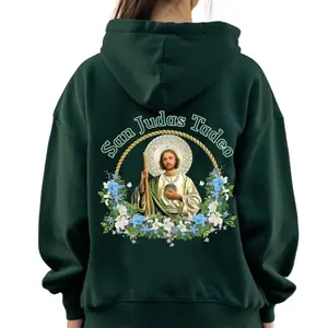 San Judas Tadeo Green with Floral Graphic Hoodie Unisex Classic Cotton Fabric, Gift for Men for Women