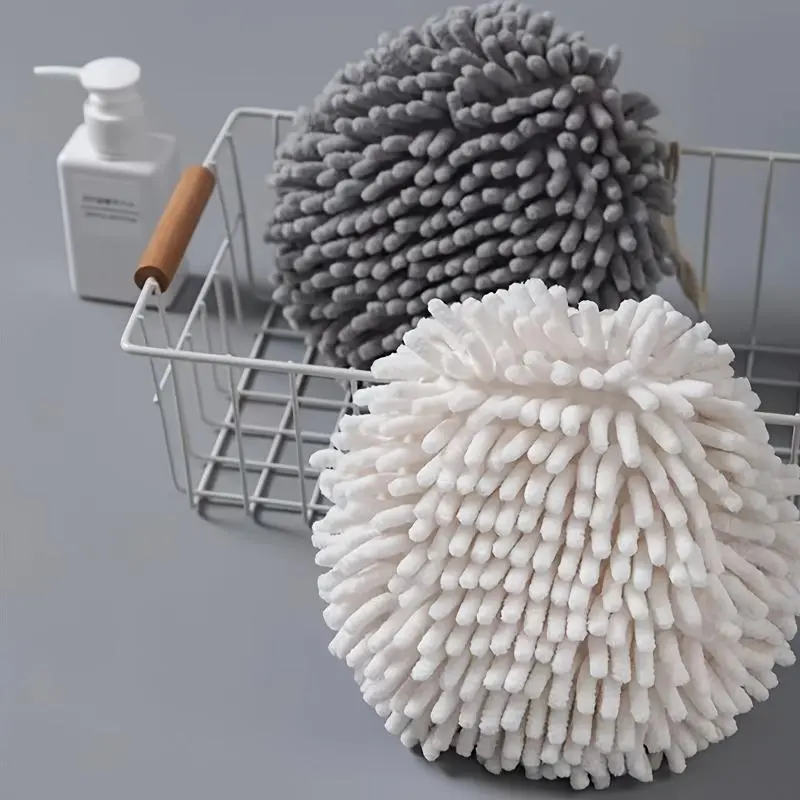 1pc Soft Absorbent Chenille Hand Towel Balls, Hangable Kitchen Hand Towel Hanger, Quick Dry Hand Bath Towel, Bathroom Hand Towel With Ring, Simple Fashionable Home Hanging Loop Towel