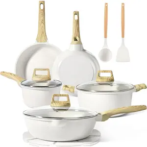Pots and Pans Set Non Stick - 14 count White Granite Kitchen Cookware Sets Nonstick Induction Cookware Cooking Pan Set with Frying Pans, Saucepans and  Utensils, PFOS & PFOA Free