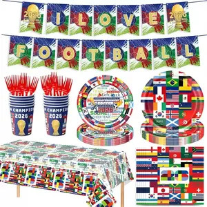 World Cup Football Party Supplies, Paper Plates Cups Napkins Tablecloth Decorations, Disposable Convenience Cutlery Set for Soccer Fans