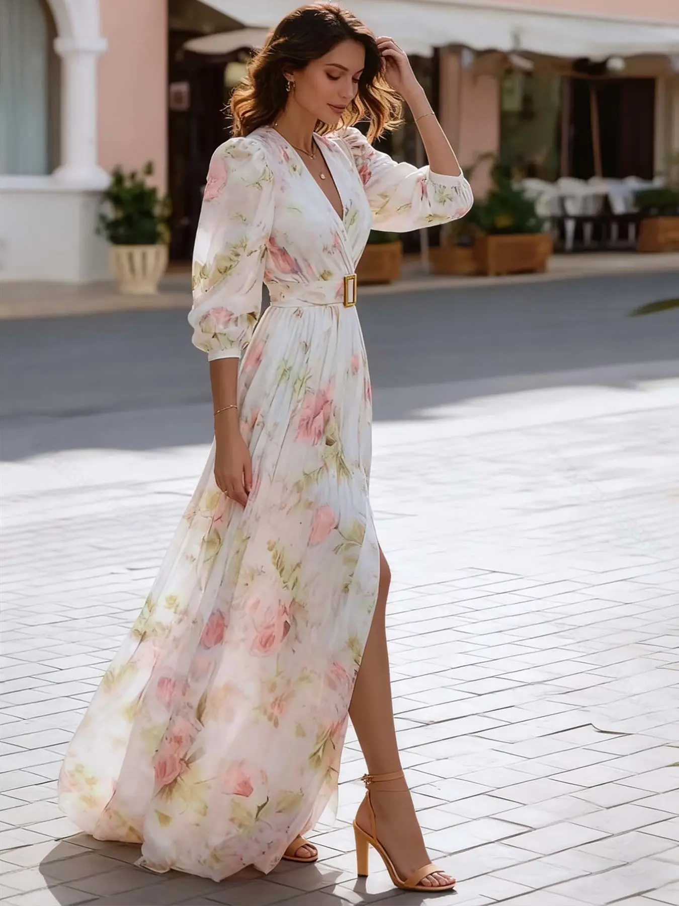 Elegant Formal V-Neck Long Sleeve Bubble Hem A-Line Maxi Dress, High Slit Floral Print, Spring Summer Fall City Date Party Wear