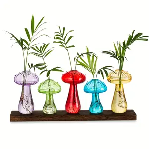 5-Pack Bohemian-Style Mushroom Vases with Wood Base & Hydroponic Planter Set - Plastic Outdoor Flower Pot, Flower Arrangement Vase for home, garden, balcony decor - Mushroom Vase for hydroponics & potted plants Decorative Vase