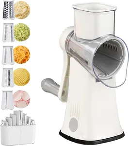 PDAENLKY 5-in-1 Rotary Cheese Grater with 5 Interchangeable Blades, Strong Suction Base, Detachable Utensils for Cheese, Vegetables, Nuts, and Chocolate, White