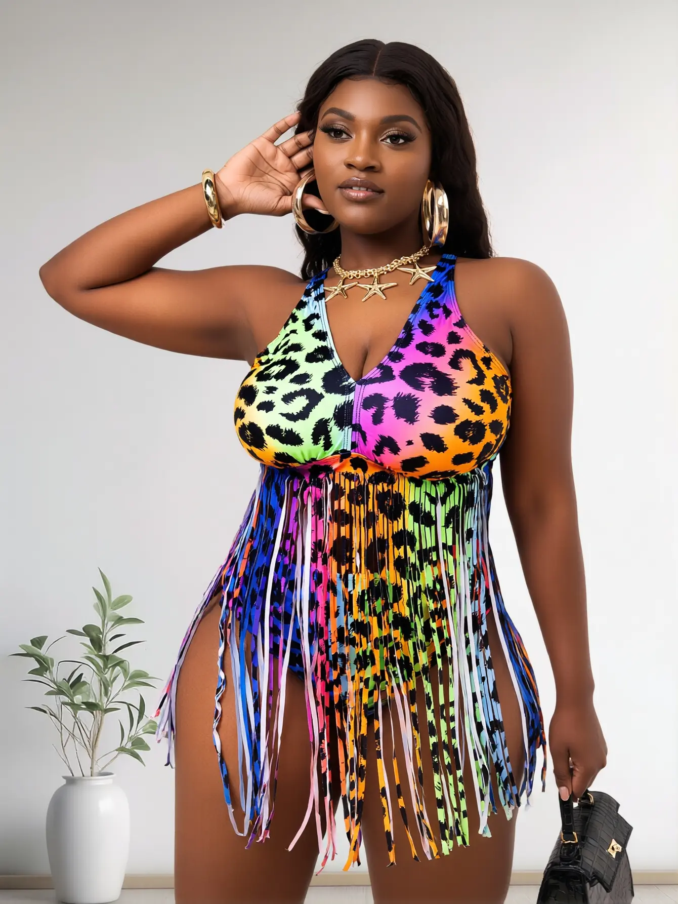 Women's Plus Size Rainbow Ombre Leopard Print Fringe Tankini Swimsuit, V-Neck Cross-Back Strap Top with Tassel Hem, High Waist Bottom, Tummy Control Bathing Suit for Beach & Pool,Summer Vibes