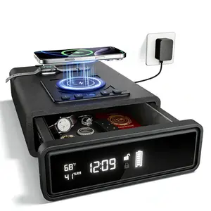 Biometric Smart Safe with Wireless Charging for Phone&Watch, 3 Quick Access Fingerprint Backlit Keypad - Compact Bedside Drawer Safe with LED Light, 24/7 Digital Clock Security Storage Box