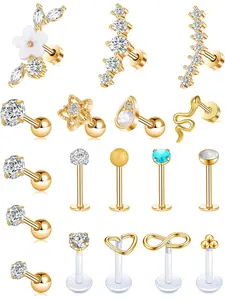 18Pcs Cartilage CZ Stud Earrings Conch Forward Helix Tragus Daith Piercing Lip Rings Snake Heart Butterfly Jewelry for Women Men 16G Silver Gold Tone