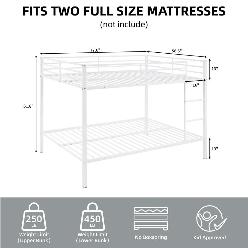 Full Over Full Bunk Bed, Heavy Duty Metal Bunk Bed Frame with Built-in Ladder and Safety Guard Rail, Low Metal Bunk Bed Frame for Kids, No Boxspring Required, For Small Spaces, White