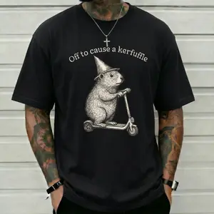 Off To Cause A Kerfuffle Funny Animal Graphic Tee Vintage Sketch Groundhog Riding Scooter Shirt Sarcastic Humorous Unisex Short Sleeve T-Shirt Casual Retro Black Top Fitted Oversized 90s graphic tees men's t shirts