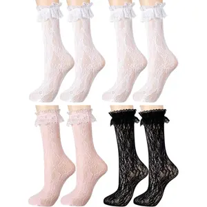 SQ-SOK020 4 Pairs Little Girl Knee High Socks Kids Lace Long Socks with Ruffle Stocking for The First Communion 5-12 Years Old