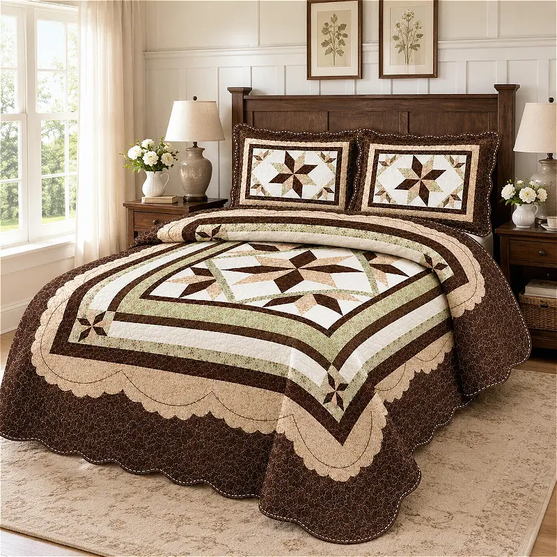 3pcs 86 X 94 Inch Queen Quilt, Traditional Ohio Star Patchwork Bedspread, Vintage Farmhouse Country Cottage Bedding, Brown Cream Sage Green Geometric Quilt, Rustic Primitive Country Coverlet, Soft Lightweight All Season Quilt Set