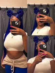 32 Inch Deep Blue Long Straight Wig, Pre Plucked Hairline, Heat Resistant Synthetic No Glue Wig, Women's Style, Heat Friendly Synthetic