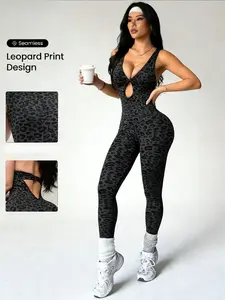 Women's Leopard Print Yoga Jumpsuit, Summer Sleeveless Design, High Stretch Comfortable Fit, Ideal for Gym & Daily Wear, Fitted Jumpsuit