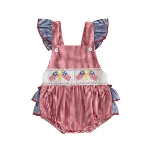 Infant Baby Girl Patriotic Romper Flag Embroidery Plaid Print Summer Fly Sleeves Jumpsuit for Newborn 0-18 Months