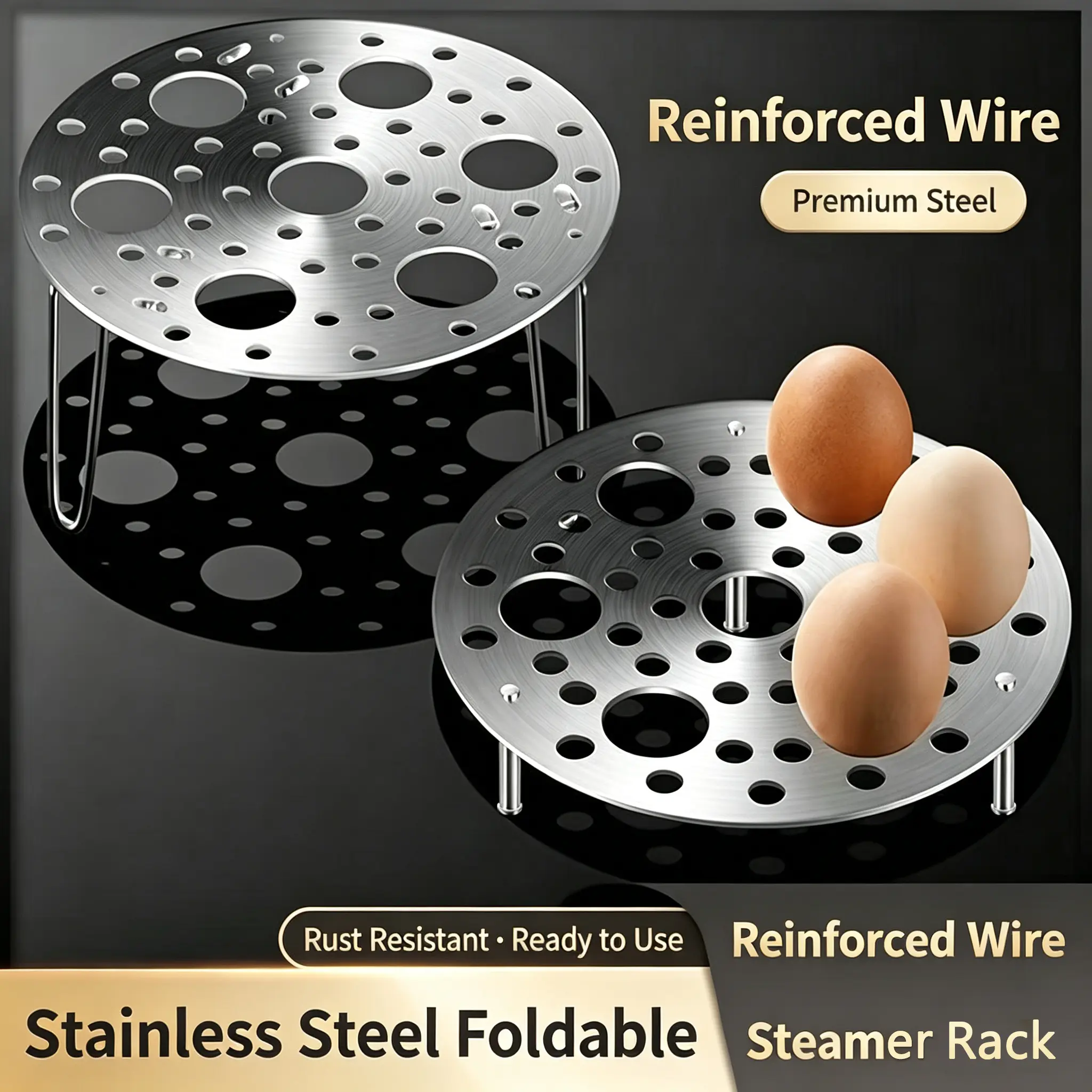 Stainless Steel Heat-resistant Steamer Rack with Foldable Stand for Eggs Vegetables Seafood Multipurpose Pot Steaming Tray Insert for Rice Cookers and Kitchen Cooking