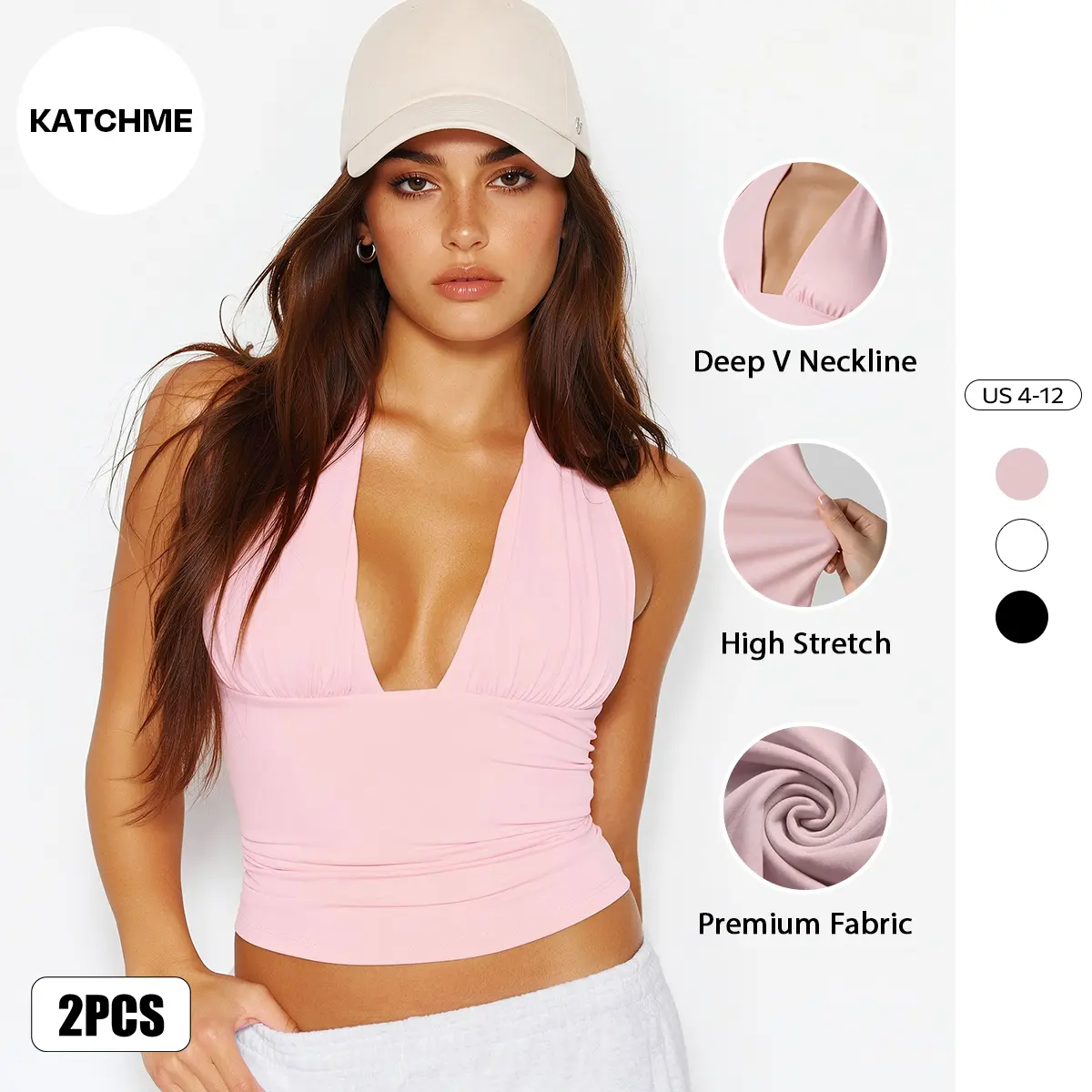 Katch Me Chic Women's Casual Solid Color Deep V Neckline Stretch Halter Top, Summer Versatile Soft Backless Womenswear, Elegant Daily Outfit