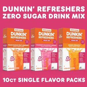 Dunkin’ Refreshers Zero Sugar Drink Mix Sticks - 10 Count Box - Peach Passion Fruit, Strawberry Dragonfruit Lemonade, or Mango Pineapple - Energy from Green Tea, Low Calorie