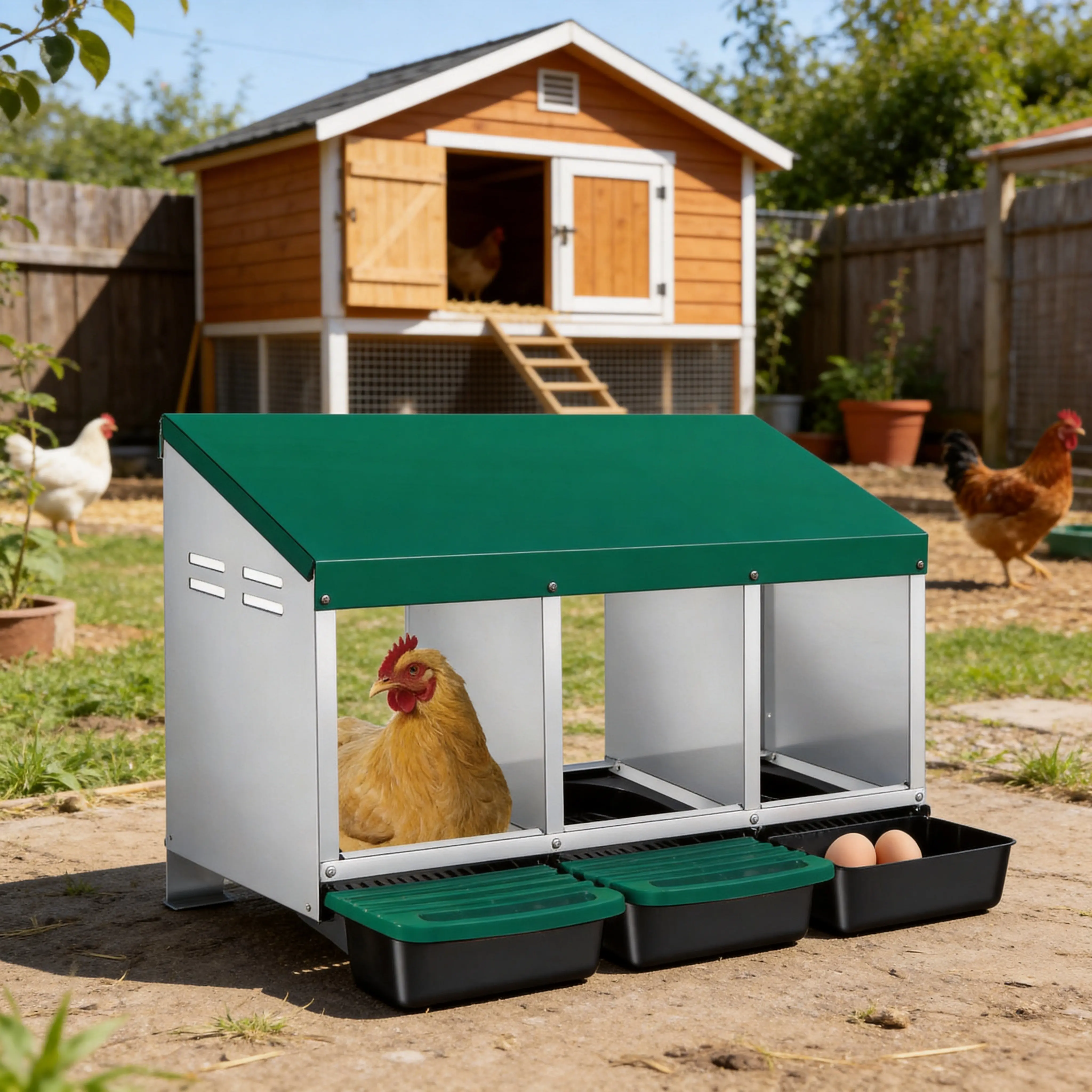 Garvee 3-Compartment Galvanized Steel Chicken Nesting Box – Roll-Away Tray & Support Stand