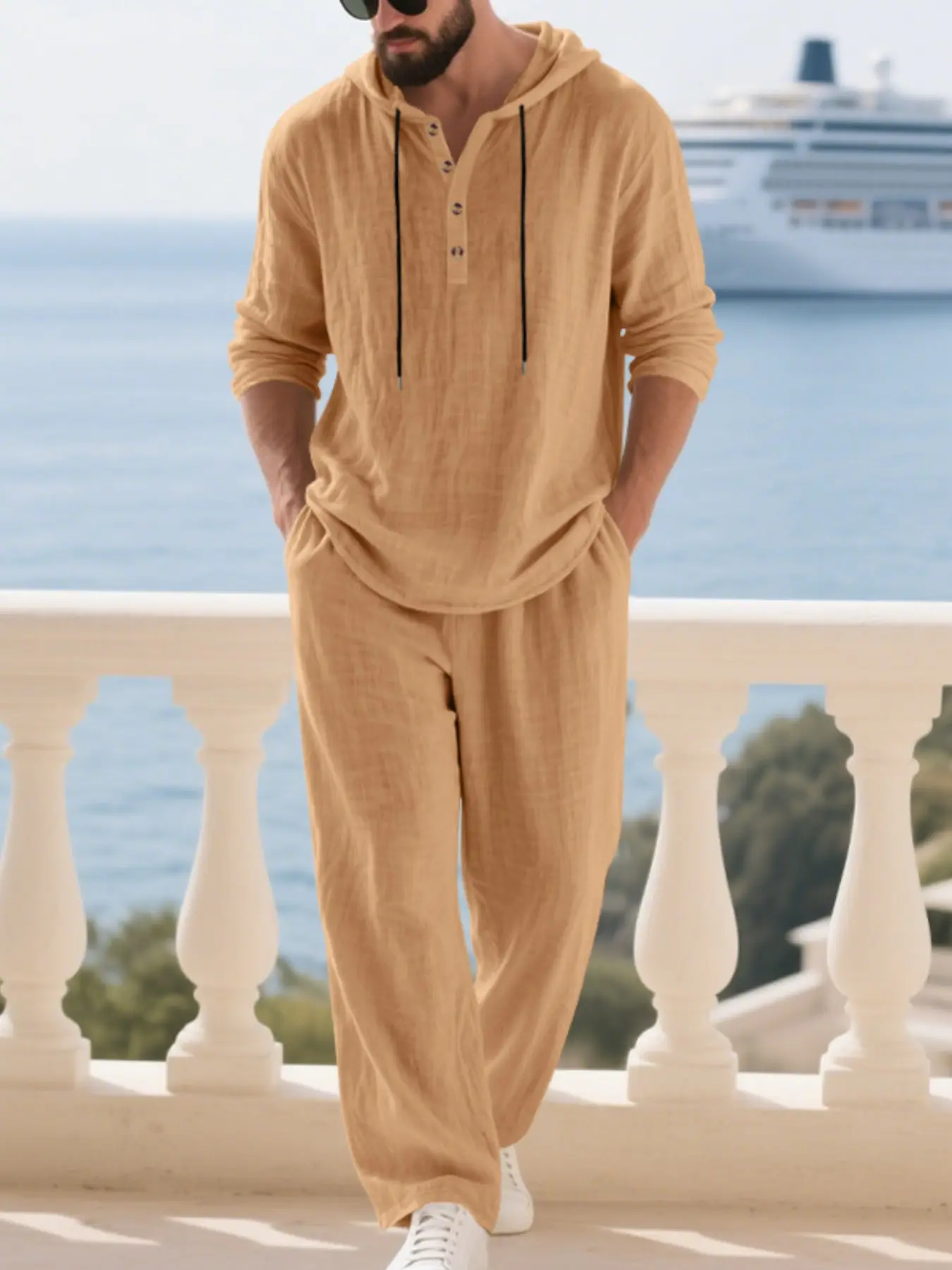 Men's Linen Hooded Long Sleeve Set, Top, Pants, Outfit, Clothes, Breathable Casual Summer, Half-Open Drawstring Design, American Yacht Vacation Style, Menswear