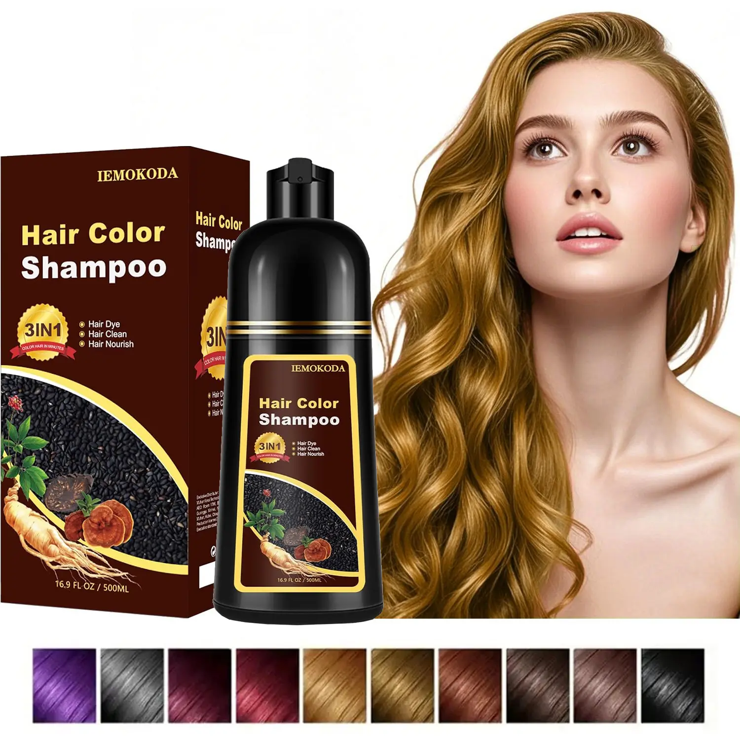 3 in 1 Hair Dye Shampoo with Ginseng to Nourish and Cover Grays, Hypoallergenic Semi-Permanent Brown Color for Men & Women, Chestnut Brown, 16.9 fl oz, Haircare, Brown Hair Dye Semi-Permanent Color