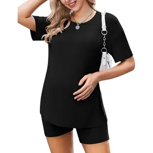 Women's Maternity Pajamas Sets 2 Piece Outfits Short Sleeve Shirts and Biker Shorts Pregnancy Loungewear Mama Clothes