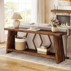 70.86-Inch Extra Long Console Table for Living Room, 2-Tier Sofa Table Behind Couch with Storage, Wooden Console for Entryway Hallway, Brown